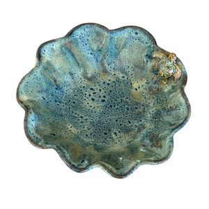 Handmade Pottery Sea Turtle Scalloped Trinket Dish Artisan Ceramic Wave Bowl